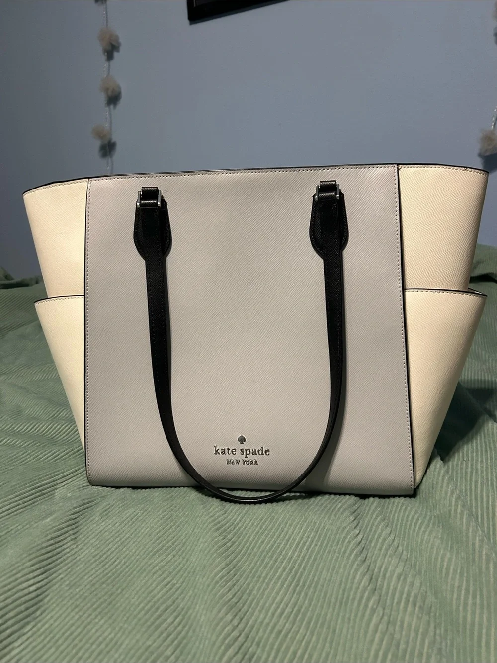 kate spade Cream and Black Structured Saffiano Tote